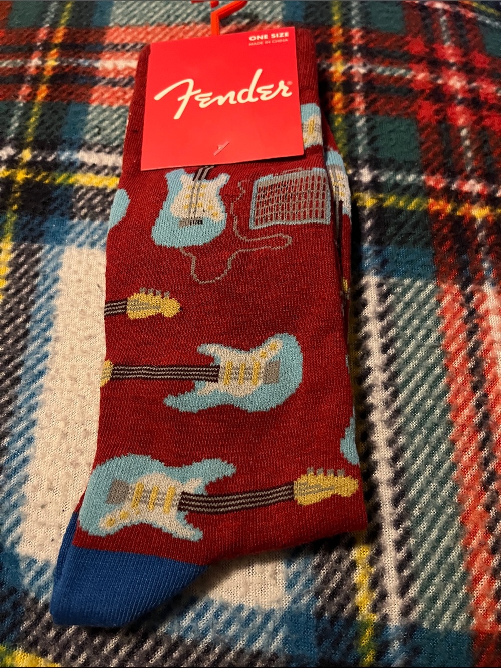 Fender Red Crew Socks with Blue Guitar Motifs